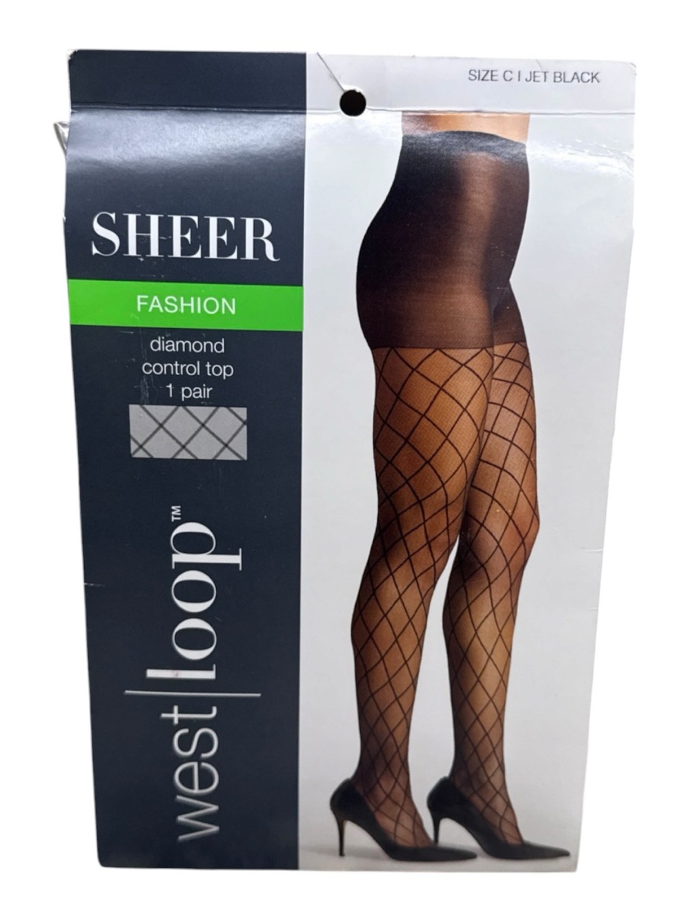 West Loop Fashion Sheer Diamond Control Top Pantyhose Size C Jet Black